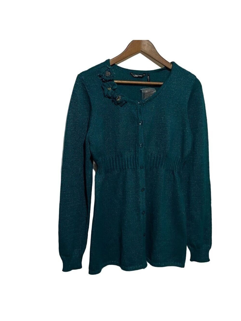 Daisy Fuentes Teal Knit Cardigan with Embellished Detail Sz Large